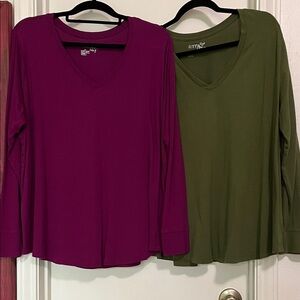 Terra & Sky Women's Long Sleeve V-Neck Tops - Magenta and Olive